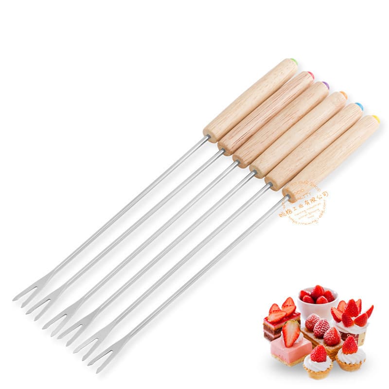 Wholesale 6-Piece Oak Handle Swiss Cheese Fondue Fork Set for Cheese and Chocolate Fondue