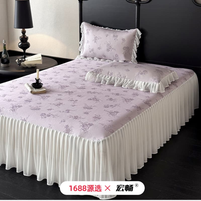 French Princess Style Summer Grade A Ice Silk Bed Skirt Floral Air Conditioning Soft Mat Bedding Set