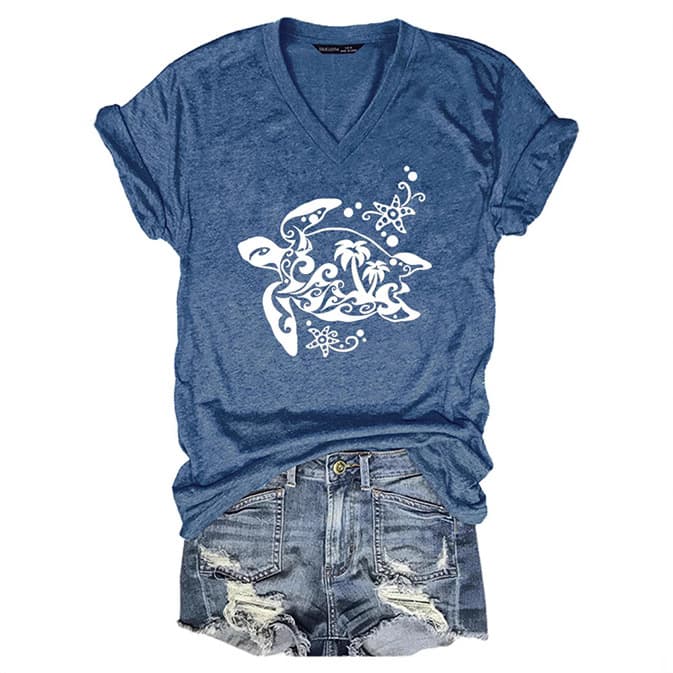 Sea Turtle Print Women's Summer Short Sleeve Pullover T-Shirt, Trendy Design, Casual Summer Bestseller