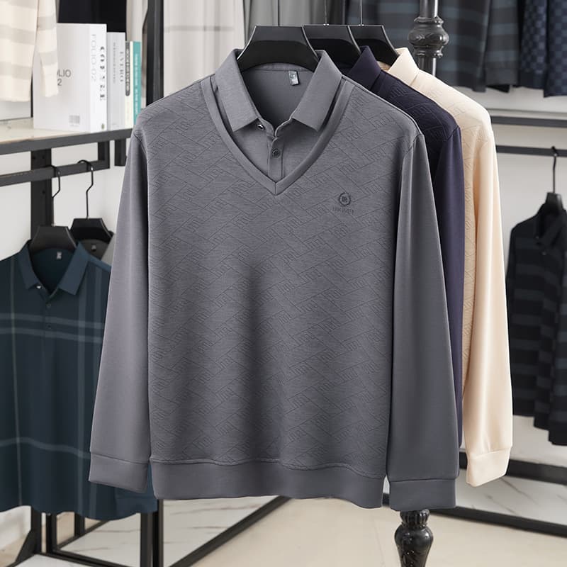 2025 spring/autumn style middle-aged and elderly long-sleeve T-shirt, men's two-piece style casual plaid base layer striped middle-aged top