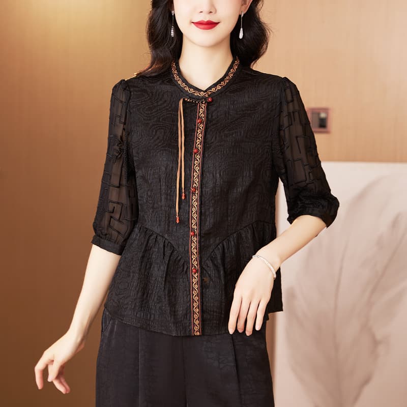 High-End Luxury Xiangyunsha Top Women 2024 Spring and Summer New Retro Embroidery Imitation Silk Shirt Women