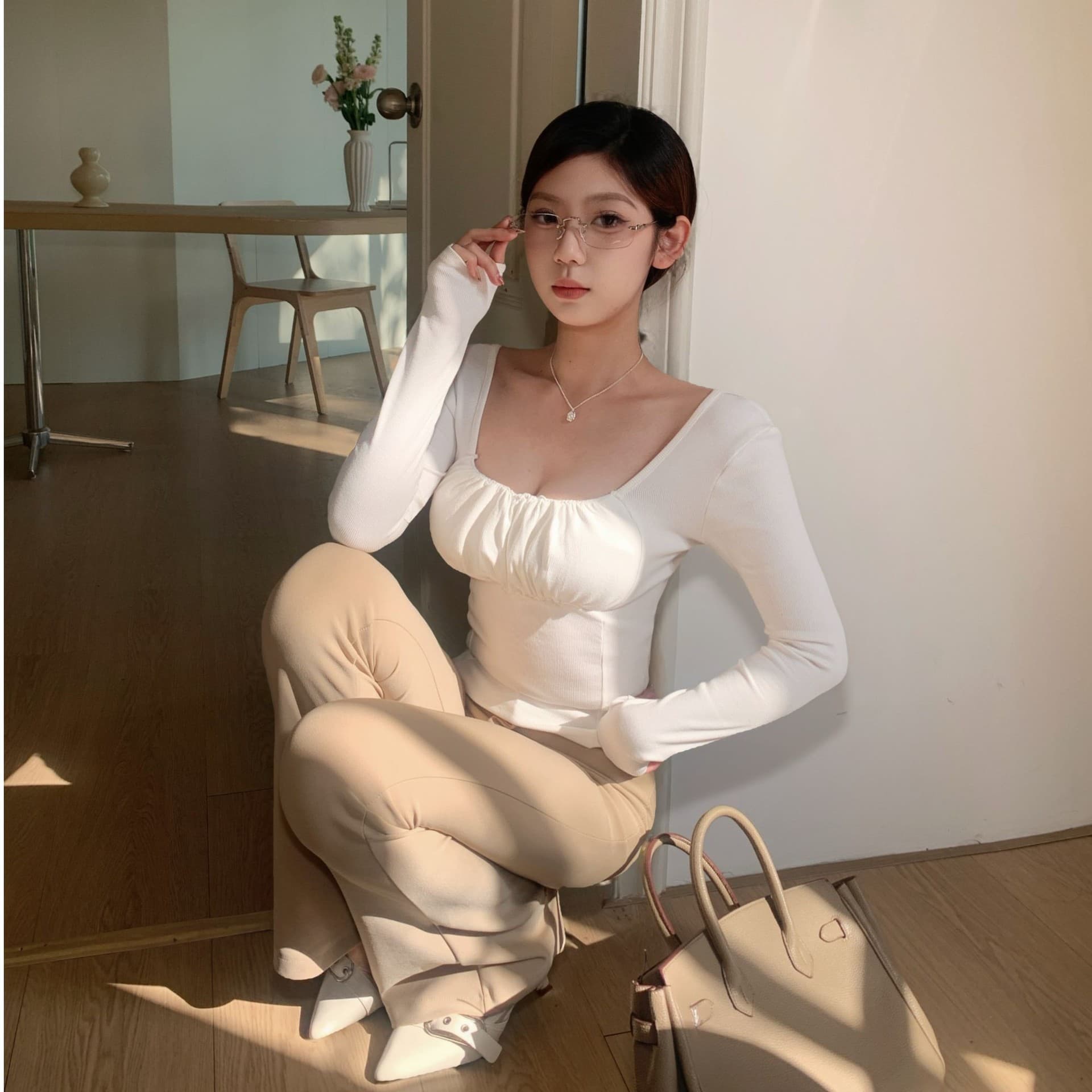 Stylish Square Neck Base Tee for Women, Early Spring Sexy Waist-Nipped Pleated Long-Sleeve Crop Top 25380