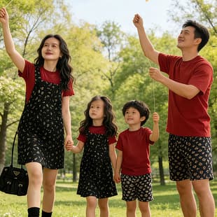 2026 Summer Matching Family Outfit Set of Four: Floral Print Dress, T-Shirt, Mother-Child Floral Print Suspenders Pants Set