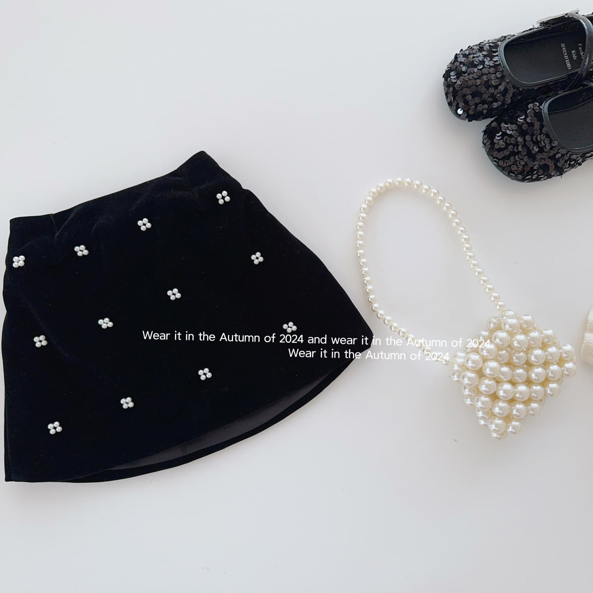 2024 New Girls' Pearl Velvet Midi Skirt, New Slimming Handmade Beaded Midi Skirt