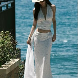 Sexy Seaside Vacation Style French Polka Dot V-Neck Halter Top + Bodycon Skirt Women's Summer Two-Piece Set