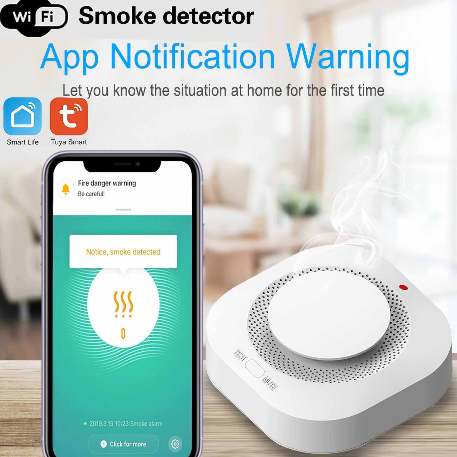 Smart Tuya WiFi Fire Alarm Detector Home Zigbee Smoke Alarm Fire Sensing Push Notification App Intelligent Home Security