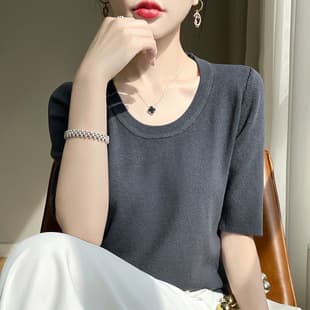 Summer New Women's Clothing Qu Zhu Ice Hemp Silk Short Sleeve Women Knit T-Shirt Women Low U-Neck Slim Korean Version Wholesale Agent