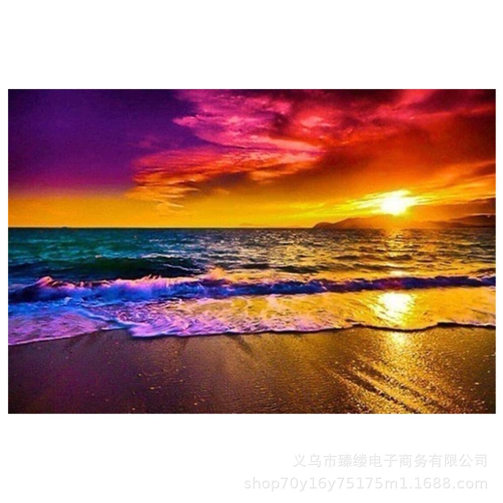 5D DIY Full Diamond Beach Sunset Seascape Painting Kit for Adults and Beginners, Decoration Gift