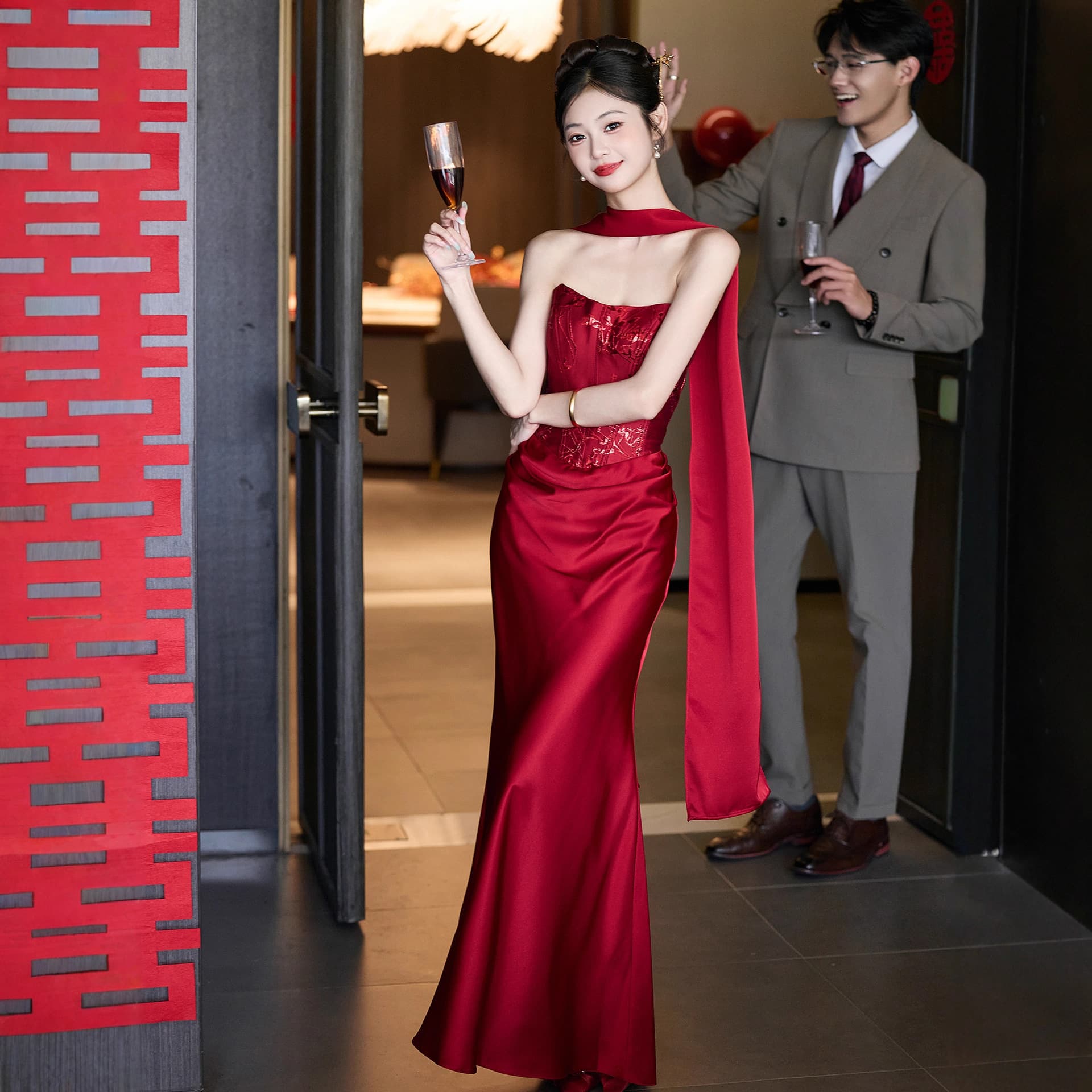 Red Wedding Toast Dress 2026 New Style Bridal Gown Dress Wedding Morning Robe Strapless Mermaid Evening Dress