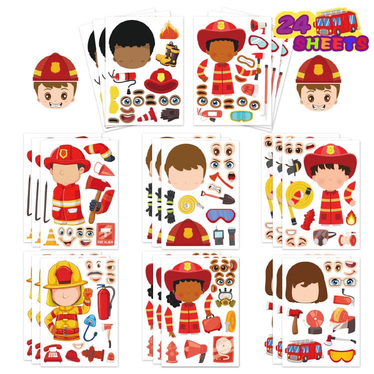 Firefighter Cartoon Stickers Children's Fire Truck Party Handmade Stickers Adorable Printed Firefighter Decals