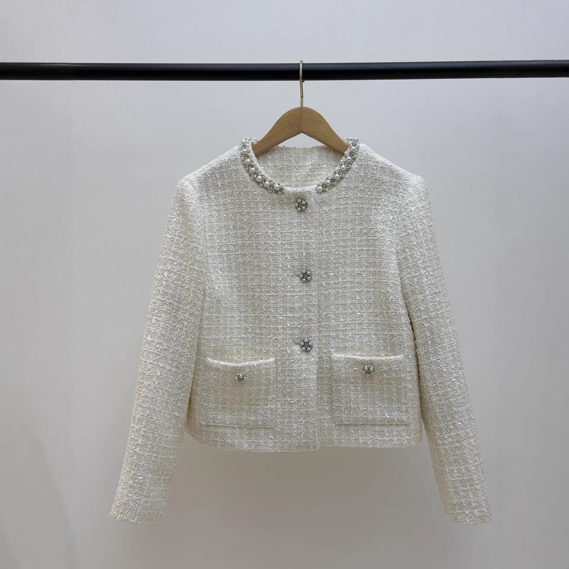 French Elegance 2026 Early Spring Chic Socialite Nail-Studded Pearl Tweed Round Neck Jacket + Wide-Leg Pants Set
