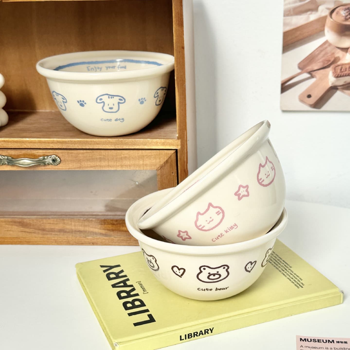 Cute Cartoon Bear Ceramic Bowl Set for Kids Yogurt Breakfast Salad Rice Bowl Adorable Tableware