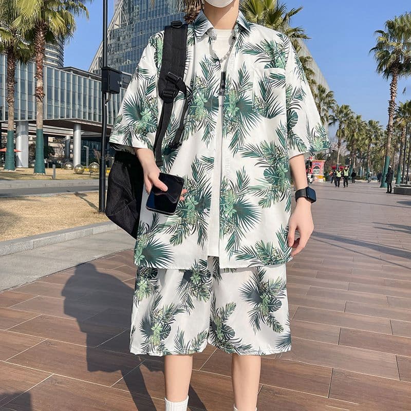 Sanya travel casual men's beach pants ice silk quick-drying floral shorts seaside vacation floral shirt Hawaiian suit