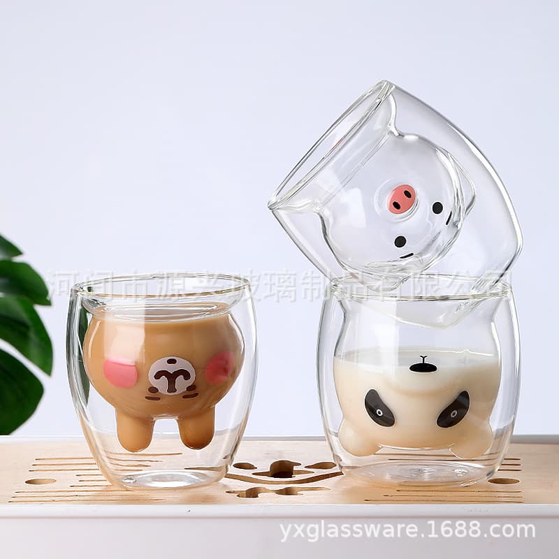 Double-layer crystal heat-resistant glass cup, creative cute cartoon panda cup, heat-resistant milk cup, penguin cup, bear cup