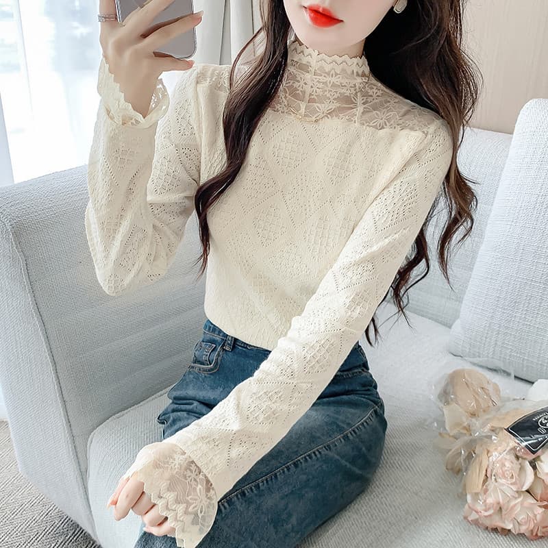 W3T Real Shot 2025 Autumn New Women's French High Neck Hollow Lace Top, Early Spring Chic and Slimming