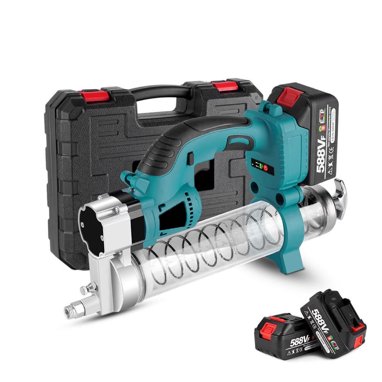 Lithium-powered grease gun, high-pressure, fully automatic, dual-use portable electric grease gun for caterpillar and bulk applications.
