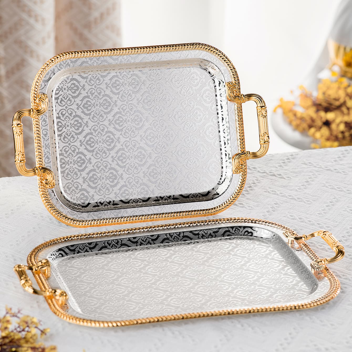 European Rectangular Metal Tray Fruit Tray Set Snack Cake Tray Ornaments Cross-Border Light Luxury Tea Tray Double Ears