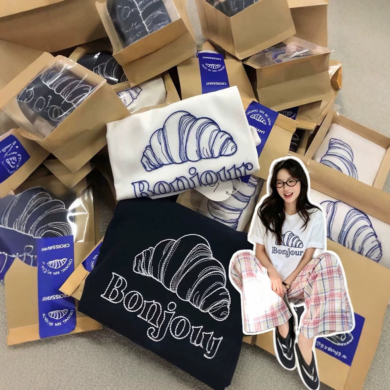 South Korea Seoul Croissant Dream French Texture Letter Croissant Short Sleeve T-Shirt