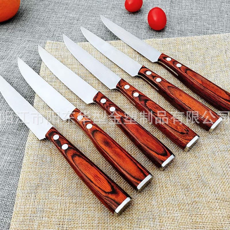 Stainless steel steak knife with colored wood handle, Western-style knife, slicing knife, steak saw, stylish steak knife.