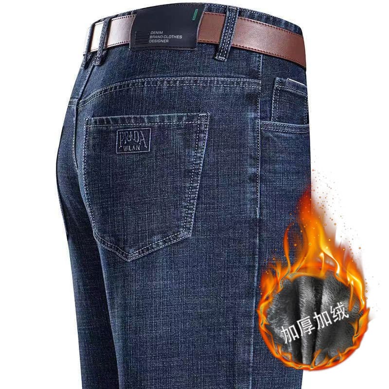 Autumn/Winter thickened fleece-lined jeans loose straight-leg middle-aged business dad high-waist casual men's pants thermal pants