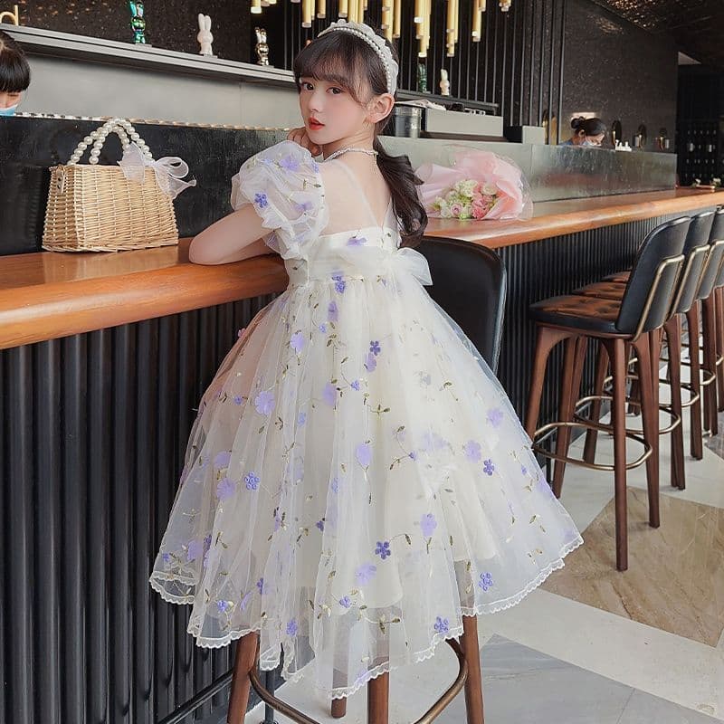 Girls Summer Dress 2025 Online Princess Dress for Middle and Big Kids Korean Style Mesh Dress Floral Short Sleeve Summer