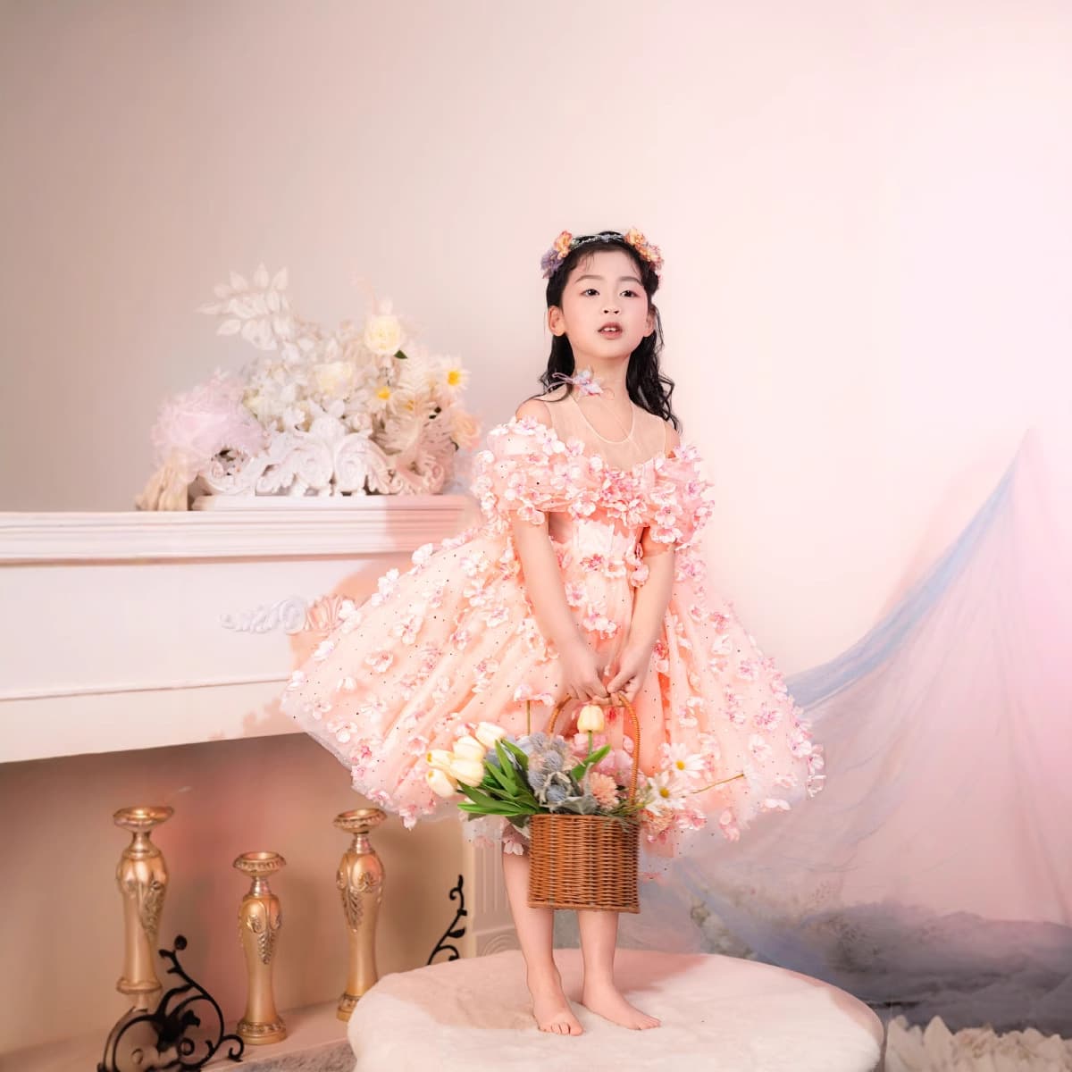 Pink Fashionable Children's Dress for Little Girls Birthday Flower Girl Princess Gown Piano Model Host Performance Show Runway