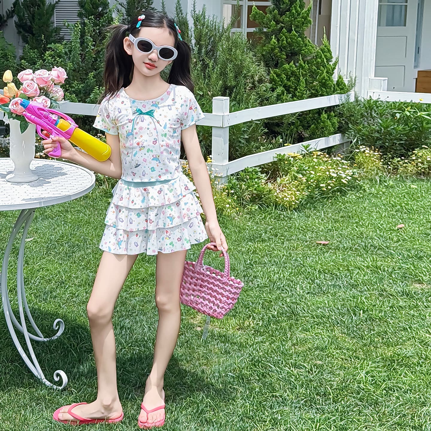 Little Girl Sweet Style Two-Piece Swimsuit 2026 New Summer Short Sleeve Quick Dry Swimwear