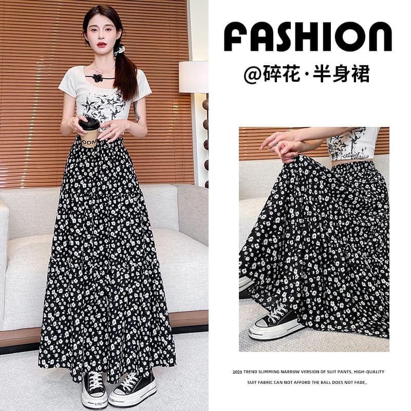 Black Floral Midi Skirt for Women, Long Style, 2026 New Spring/Summer, Slimming, Versatile, Petite, Elastic Waist, A-Line Skirt