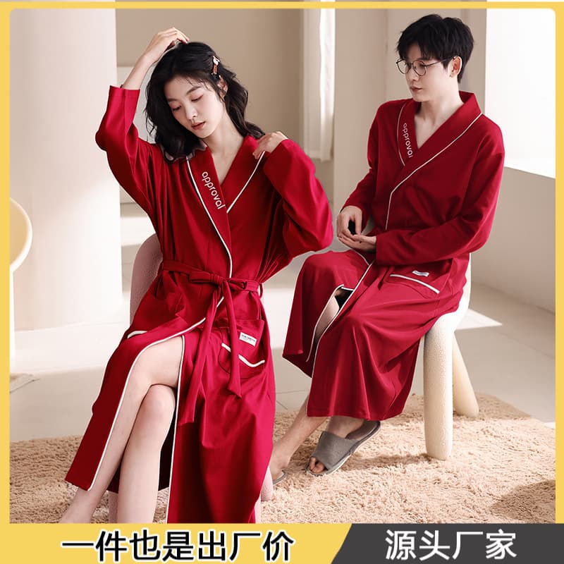 Couple Pajamas for Women Spring/Autumn Cotton Sexy Robe Bride Morning Gown Bathrobe Red Wedding Full Cotton Homewear