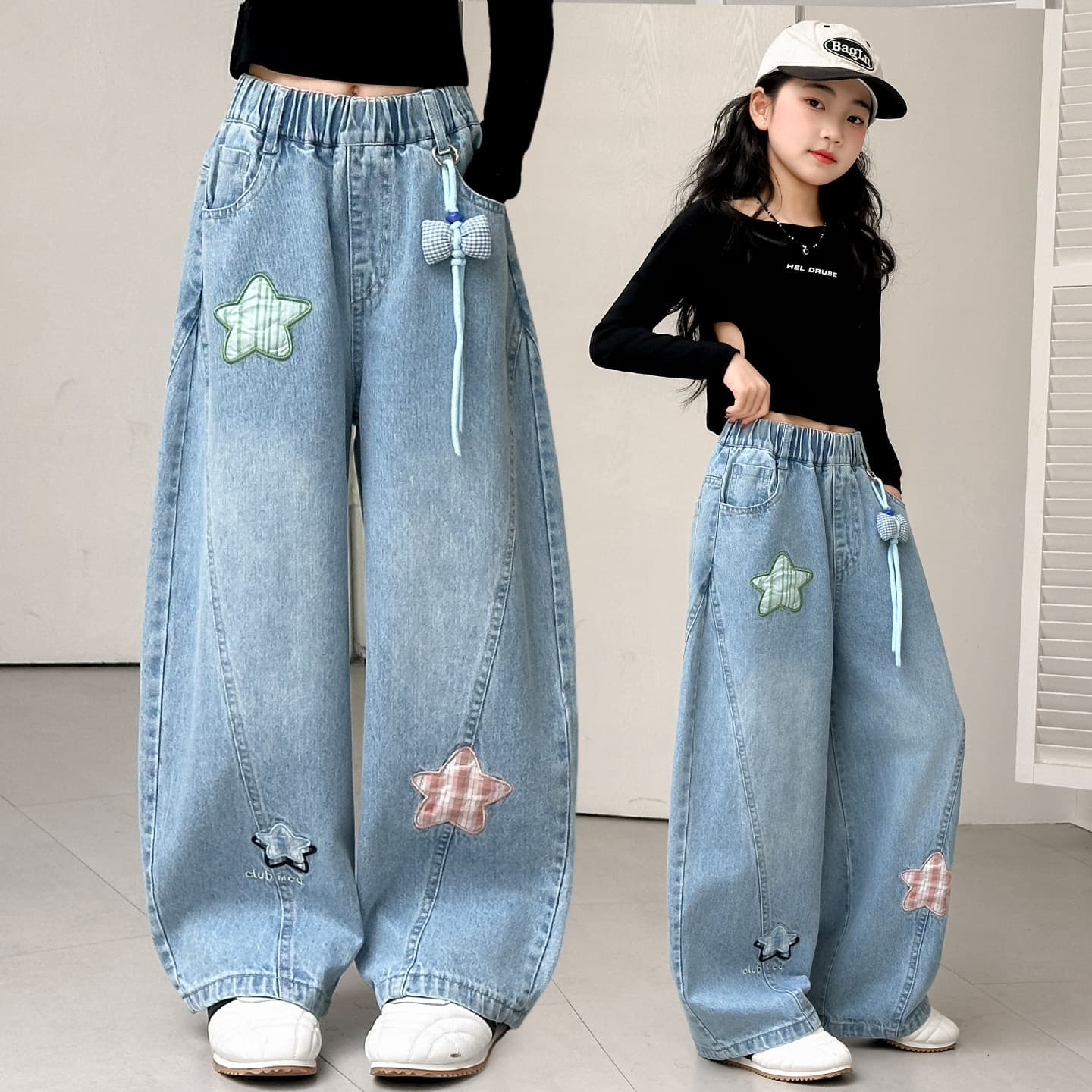 Wholesale Girls Spring New Embroidered Star Denim Straight Leg Pants for Big Kids Fashionable Slim Fit