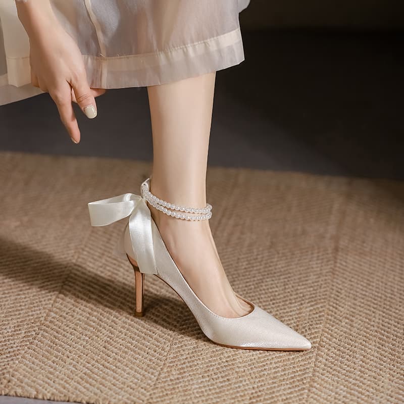 French Satin Ballet Flats for Women, White Bridal Shoes for Wedding Dress, Bridesmaid Heels, Stiletto Heels for Coming-of-Age Ceremony