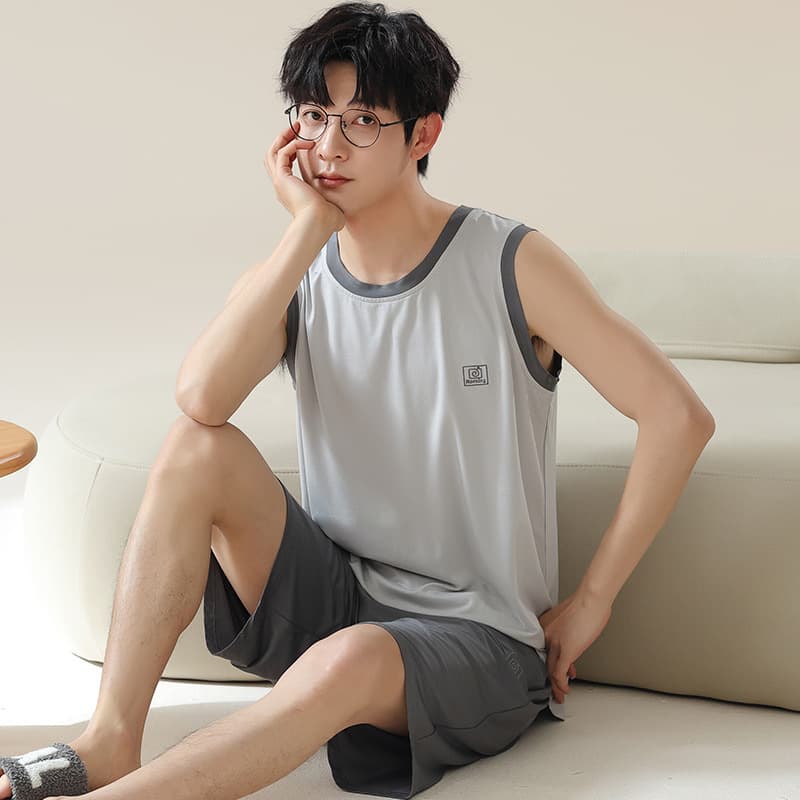 New Summer Men's Pajamas Modal Ice Silk Cool Sleeveless Vest Thin Teenagers Home Clothing Set