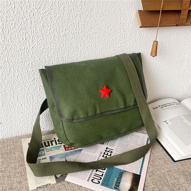 Red Army Bag Serve the People Study Hard Crossbody Bag Retro Liberation Green Canvas Bag Five-Star Lei Feng Bag