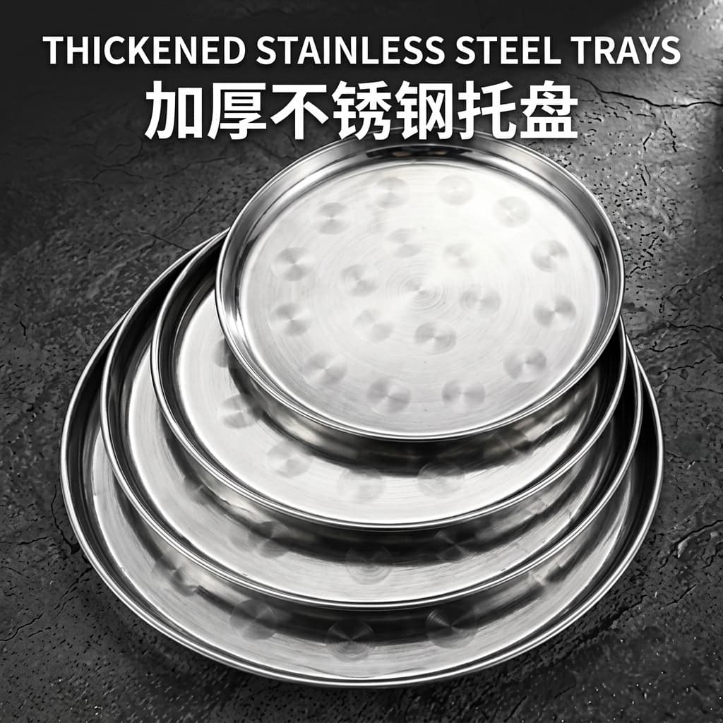Thick stainless steel large round plate flat bottom shallow plate dinner plate barbecue plate hotel restaurant large tray fish head plate fruit plate
