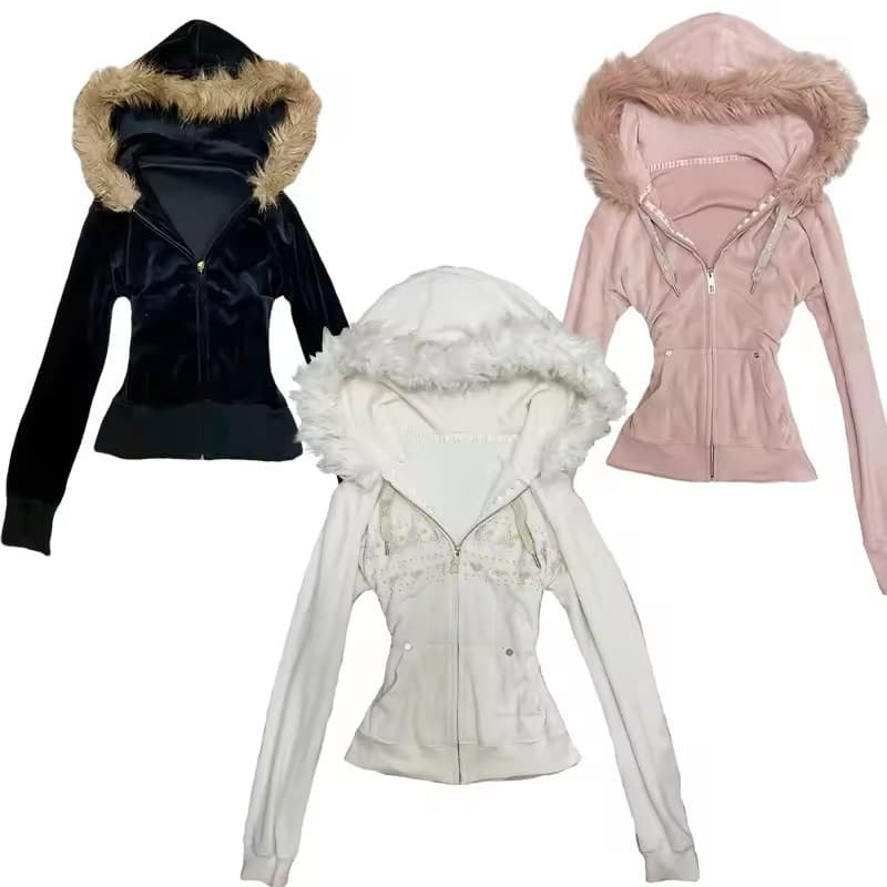 Vintage European and American Street Style Punk Slim Fit Zipper Plush Hooded Sweatshirt Jacket for Women