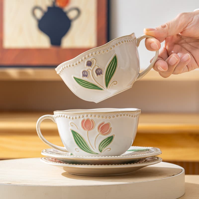 Vintage Kiln-Transformation Relief Ceramic Coffee Cup and Saucer Set, Under-Glaze Color Coffee Cup and Saucer Set, Breakfast Cup, Tea Cup, Water Cup