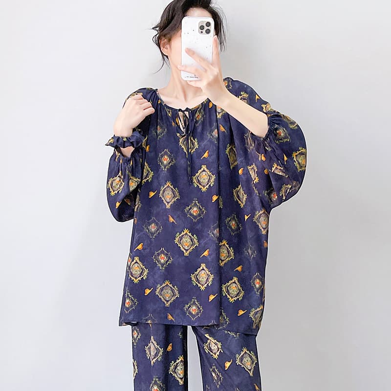 Summer Cotton Silk Pajama Long Sleeve Long Pants Set Women's Thin Breathable Absorbent Home Leisure Wear Wholesale