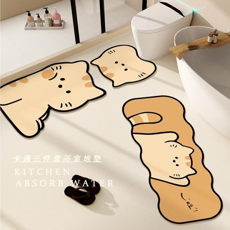 Cartoon Bathroom Door Mat, Water-Absorbent Diatom Mud Floor Mat, Bathroom Non-Slip Foot Mat, Household Toilet Toilet Set Carpet