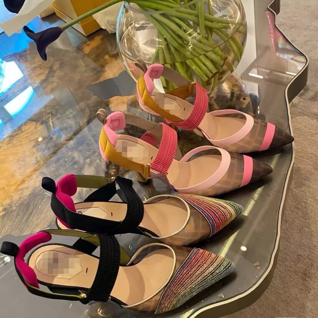 2026 Early Spring New F Brand Genuine Leather Rhinestone Color-Block Stiletto Heels Fashion Sandals High Heels