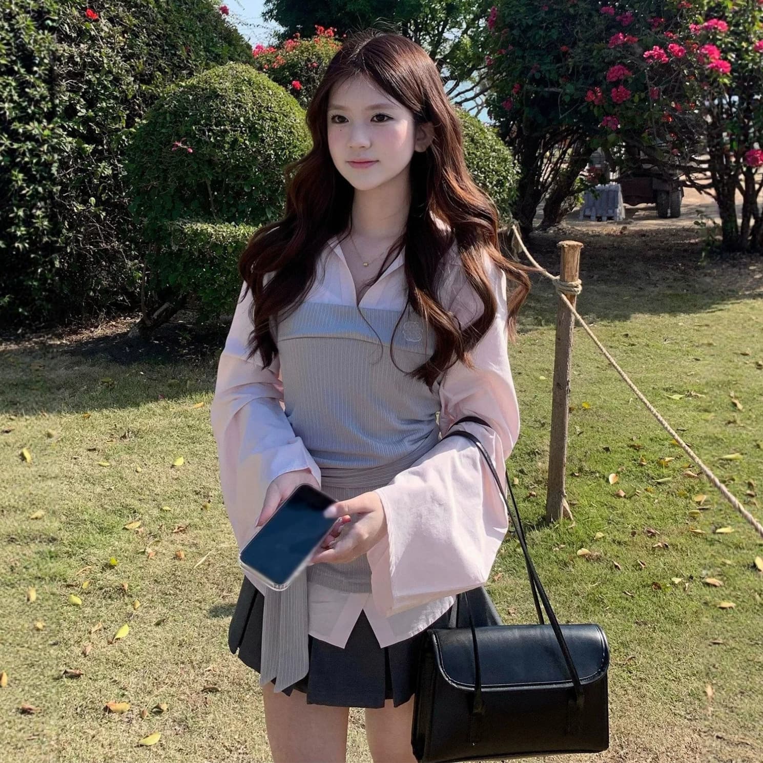 Early Fall Korean Style Early Summer Outfit Set Women Waist-Cinching Faux Two-Piece Blouse Pleated Mini Skirt Two-Piece Set