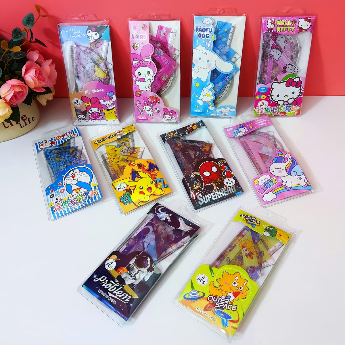 Sanrio Cartoon Ruler Set Four-Piece Multifunctional Cute Primary School Student 15cm Triangular Ruler Stationery for Measurement