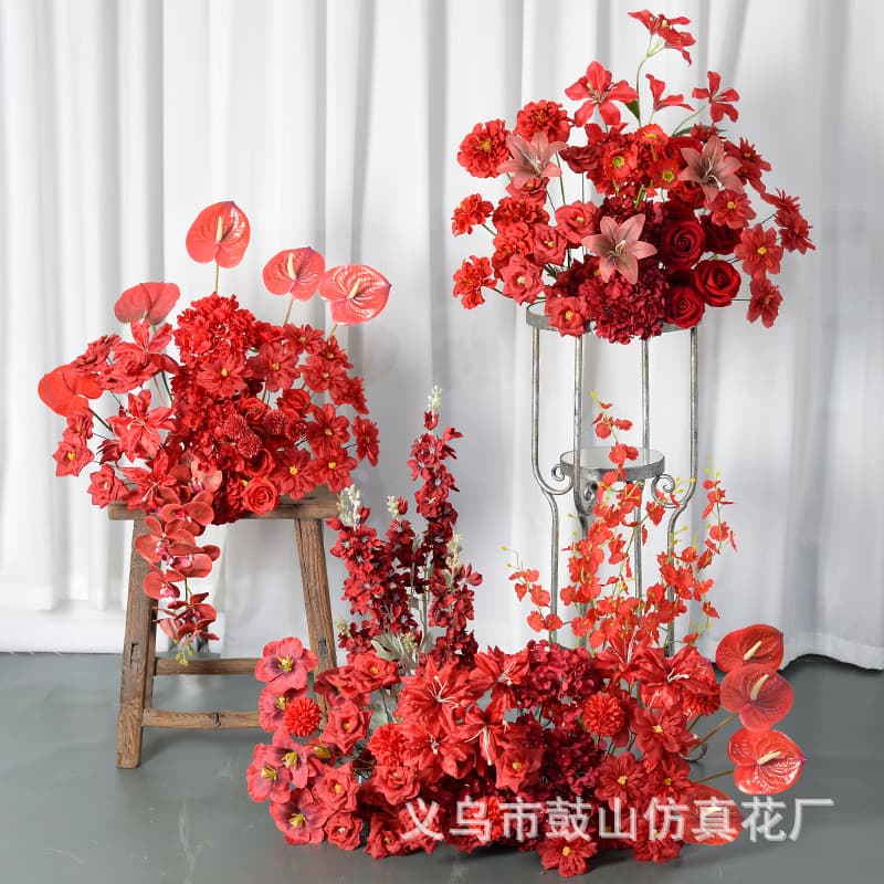 Red Artificial Flower Materials, Hotel Faux Floral Decor, Wedding Peony Rose Hydrangea Fake Flower Arrangement, Factory Wholesale