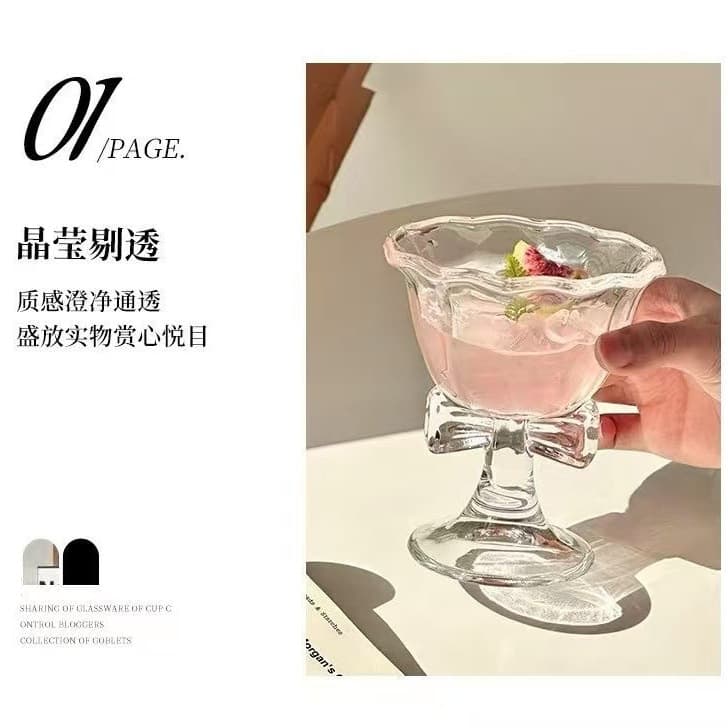 Glass Cup High Aesthetic Bow Ice Cream Cup Goblet Champagne Sweet Wine Household Thickened Factory Cocktail Glass