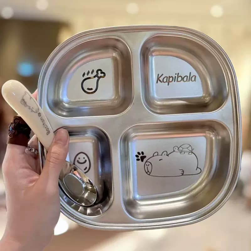 Stainless steel children's lunch plate, cartoon plate, portable, divided, Korean style three-compartment lunch box for home and students.