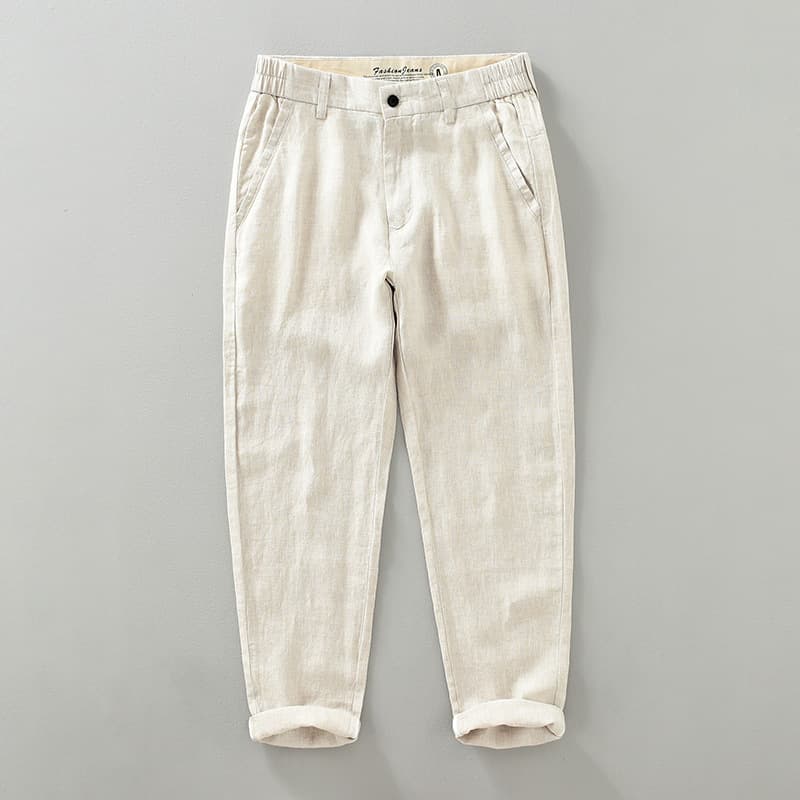 1333 Summer Thin Solid Color Casual Pants Men Tapered Linen Pants Breathable Japanese Style Young Men's Ankle-Length Cotton Linen Pants