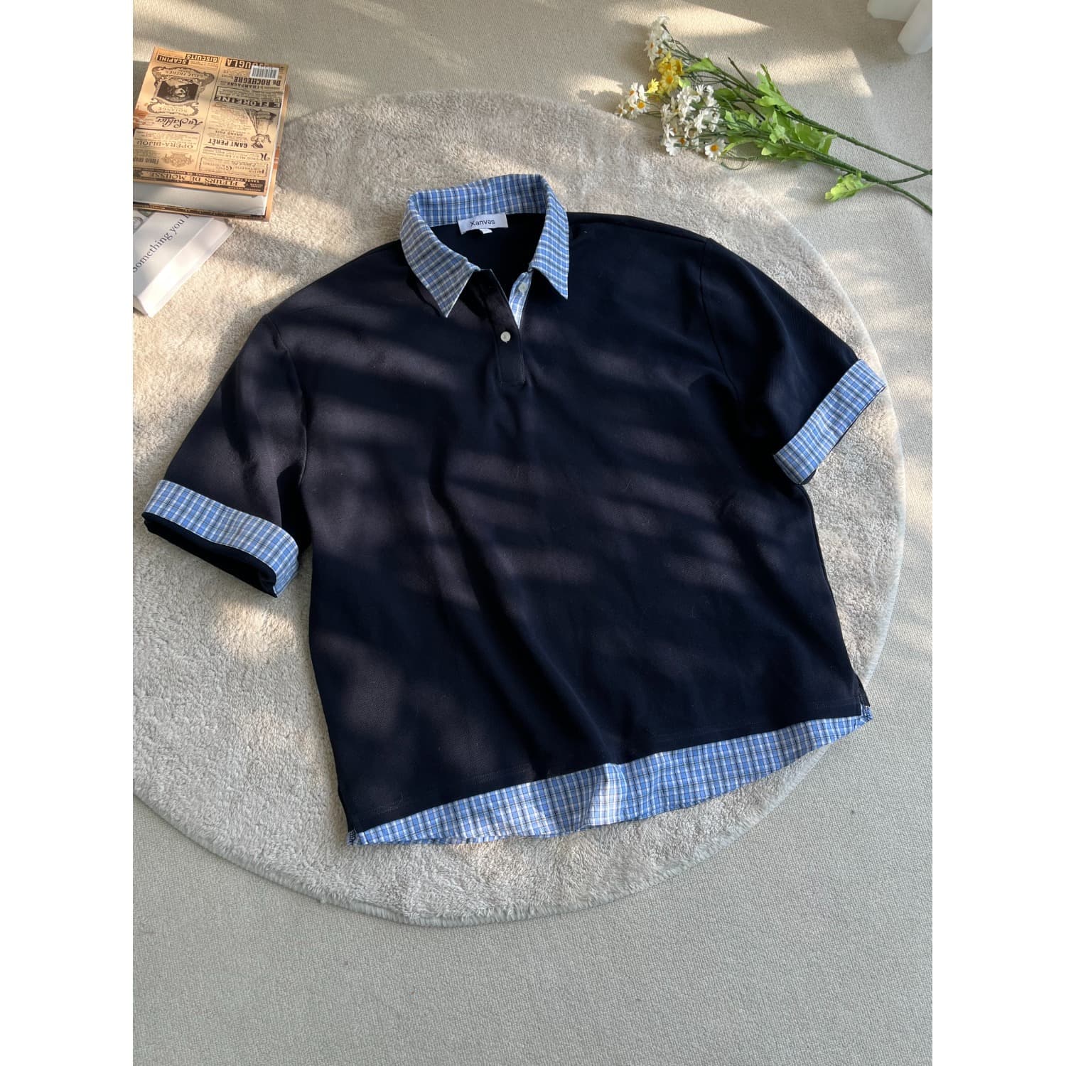 Xanvas [Original Authentic] Navy Blue Two-Tone Patchwork Plaid Polo Collar Short Sleeve Shirt T-Shirt Miu Style