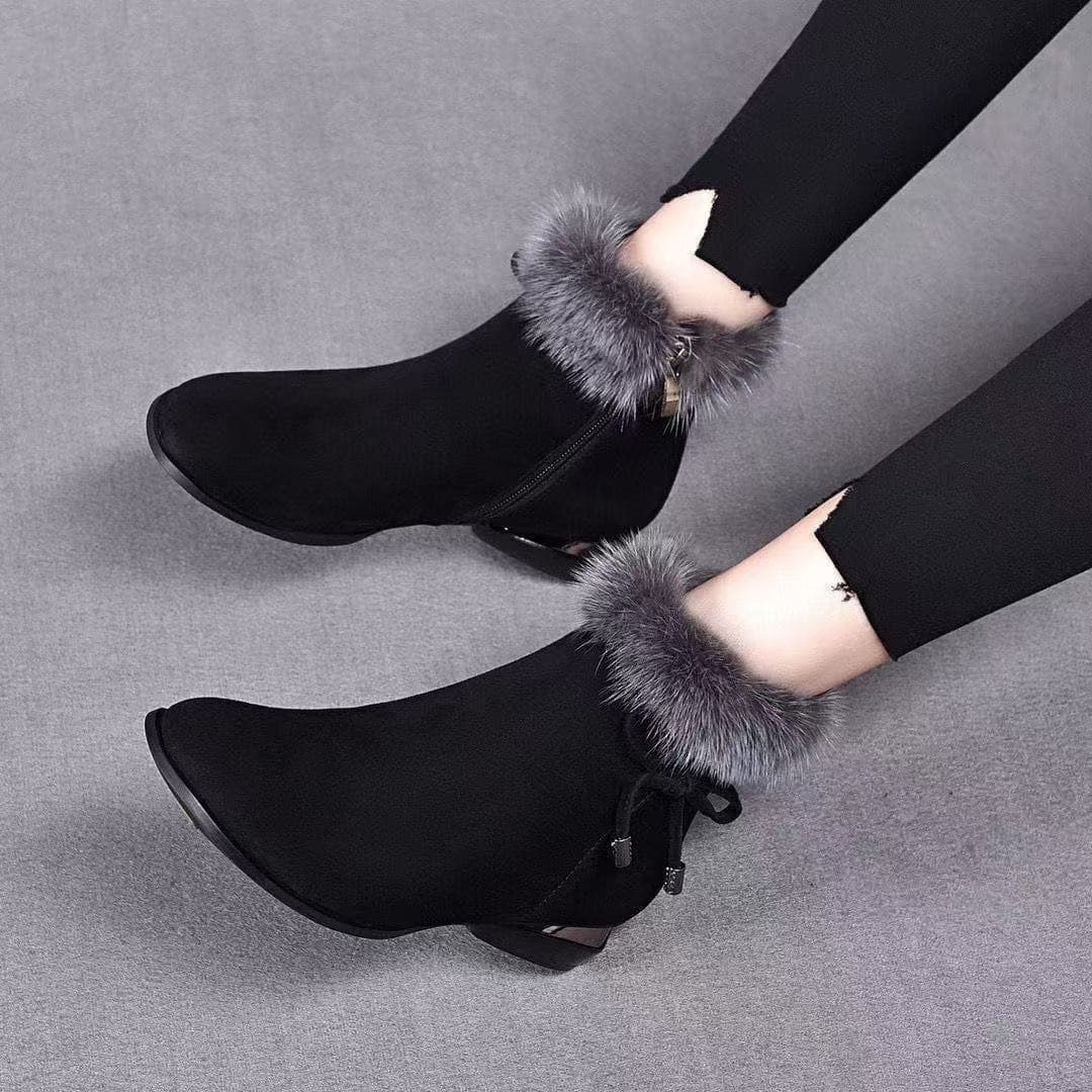 2024 Autumn Winter New Side Zipper Fringe Rhinestone Low Heel Short Boots Women's Shoes Cotton Shoes Large Size Foreign Trade Furry Boots Women