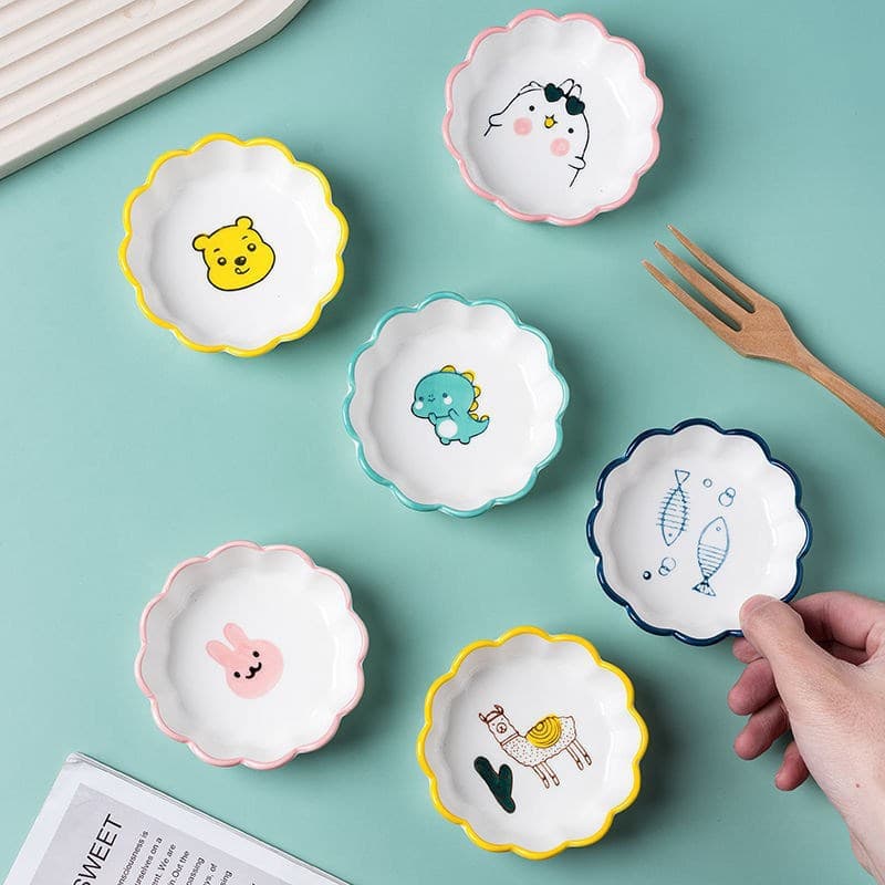 Cute Cartoon Ceramic Sauce Dish Creative Home Lace Edge Snack Plate for Sauce, Vinegar, Oil, and Seasoning