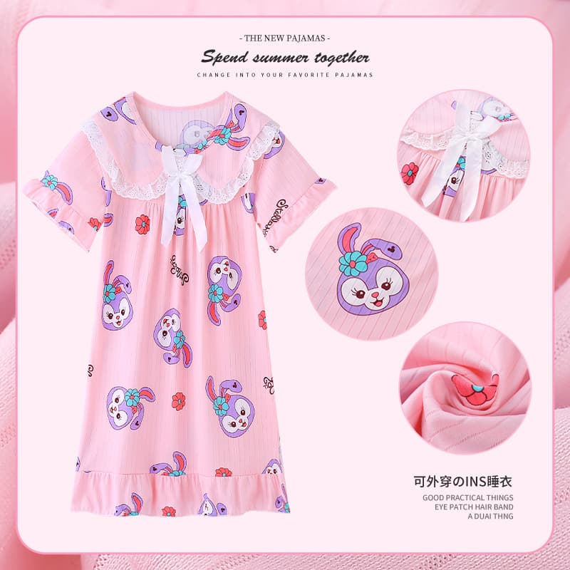 Children's Summer Short-Sleeve Princess Nightgown for Girls, Cartoon Pajamas, Casual Homewear