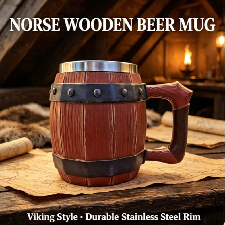 European Retro Faux Wood Beer Barrel Beer Mug Viking Pirate Resin Mug Stainless Steel Liner Large Capacity Draft Beer